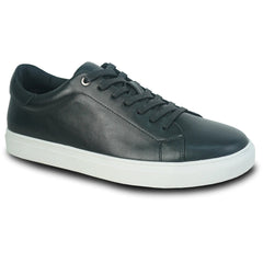 Black leather sneaker with white sole on a white background