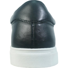 Black leather shoe with a white sole on a white background