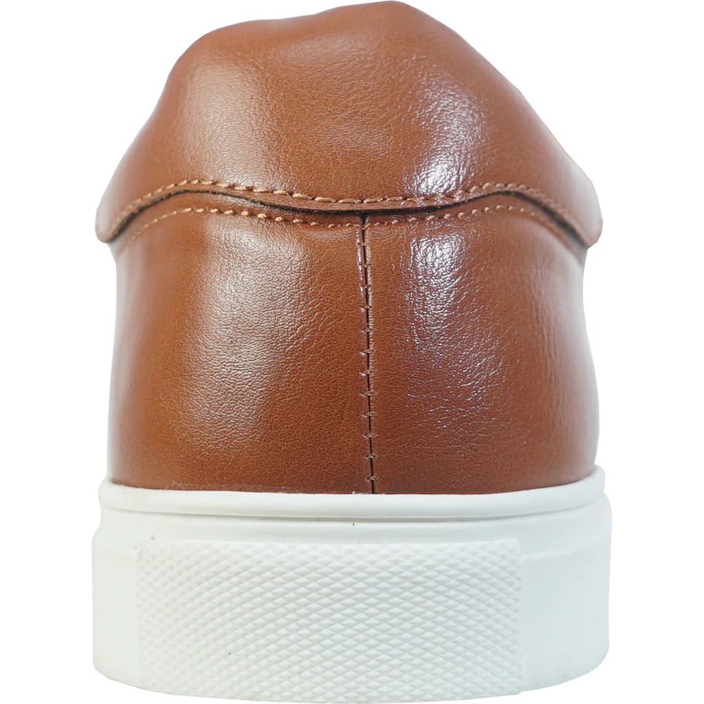 Brown leather shoe with white sole on a white background