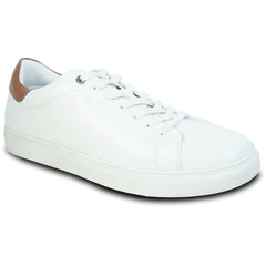 White sneaker with a brown patch on a white background