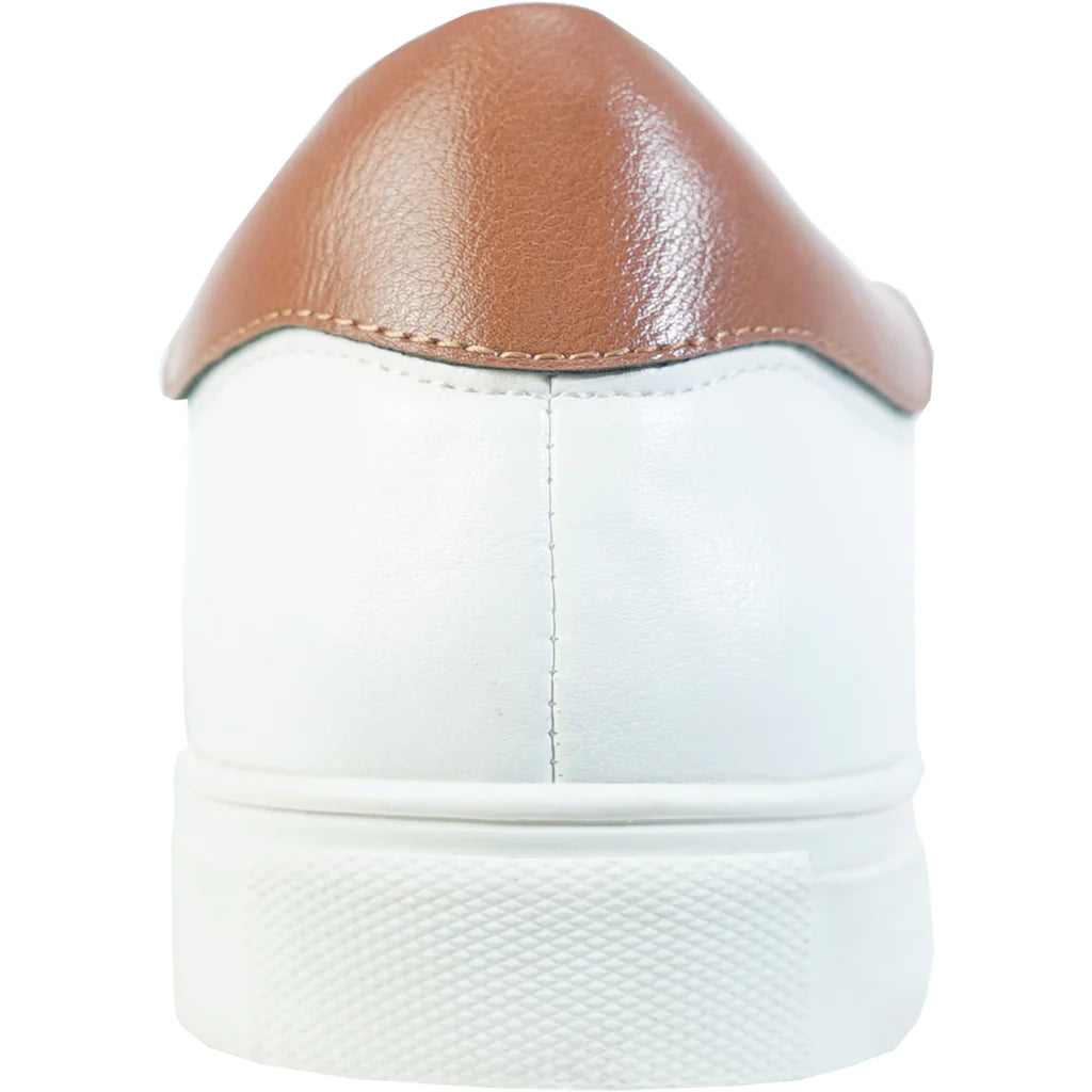 Close-up of a white sneaker with brown leather cap toe on a white background