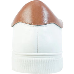 Close-up of a white sneaker with brown leather cap toe on a white background