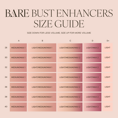 Bare bust enhancers size guide with color swatches on a pink background