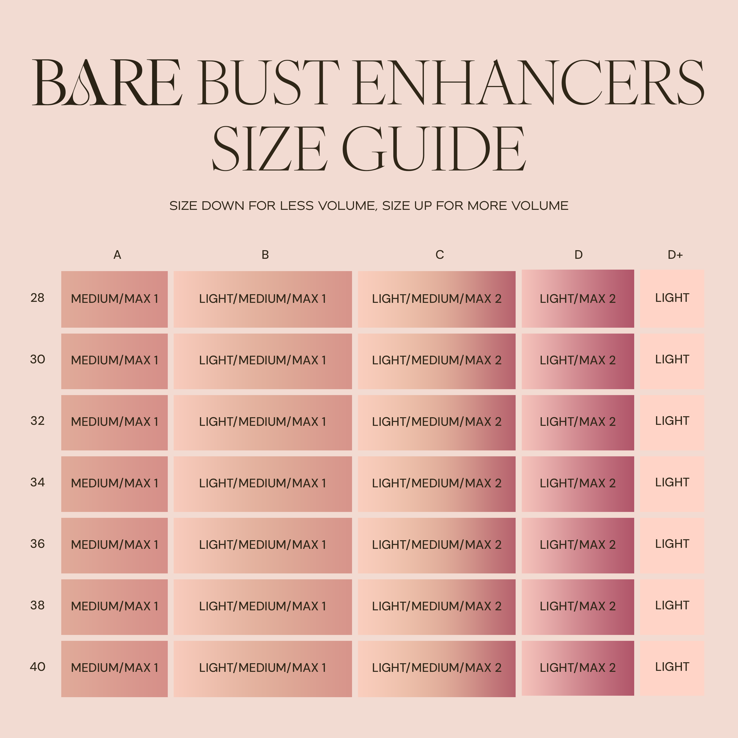 Bare bust enhancers size guide with color swatches on a pink background