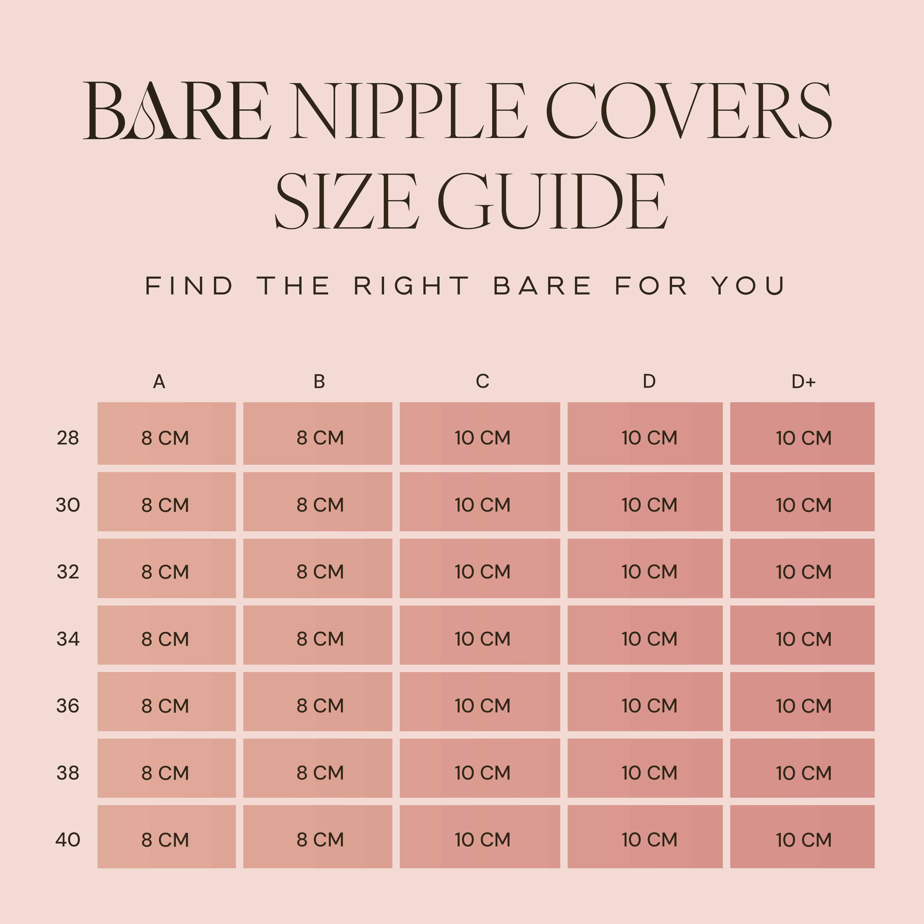 Bare nipple covers size guide with measurements on a pink background