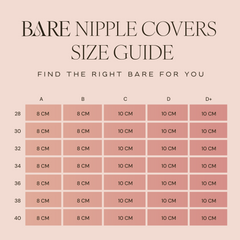 Bare nipple covers size guide with measurements on a pink background