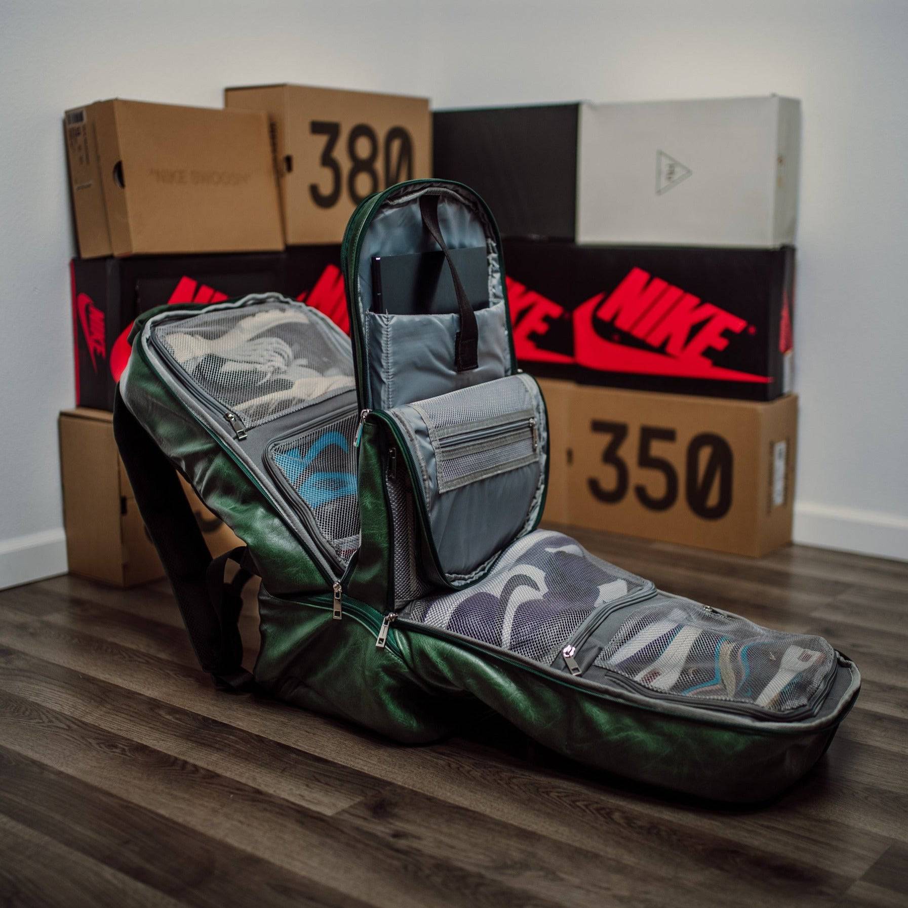 Emerald Green Leather Carry-On Patented Backpack Sole Premise