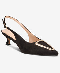 Black suede slingback shoe with gold accent on a white background