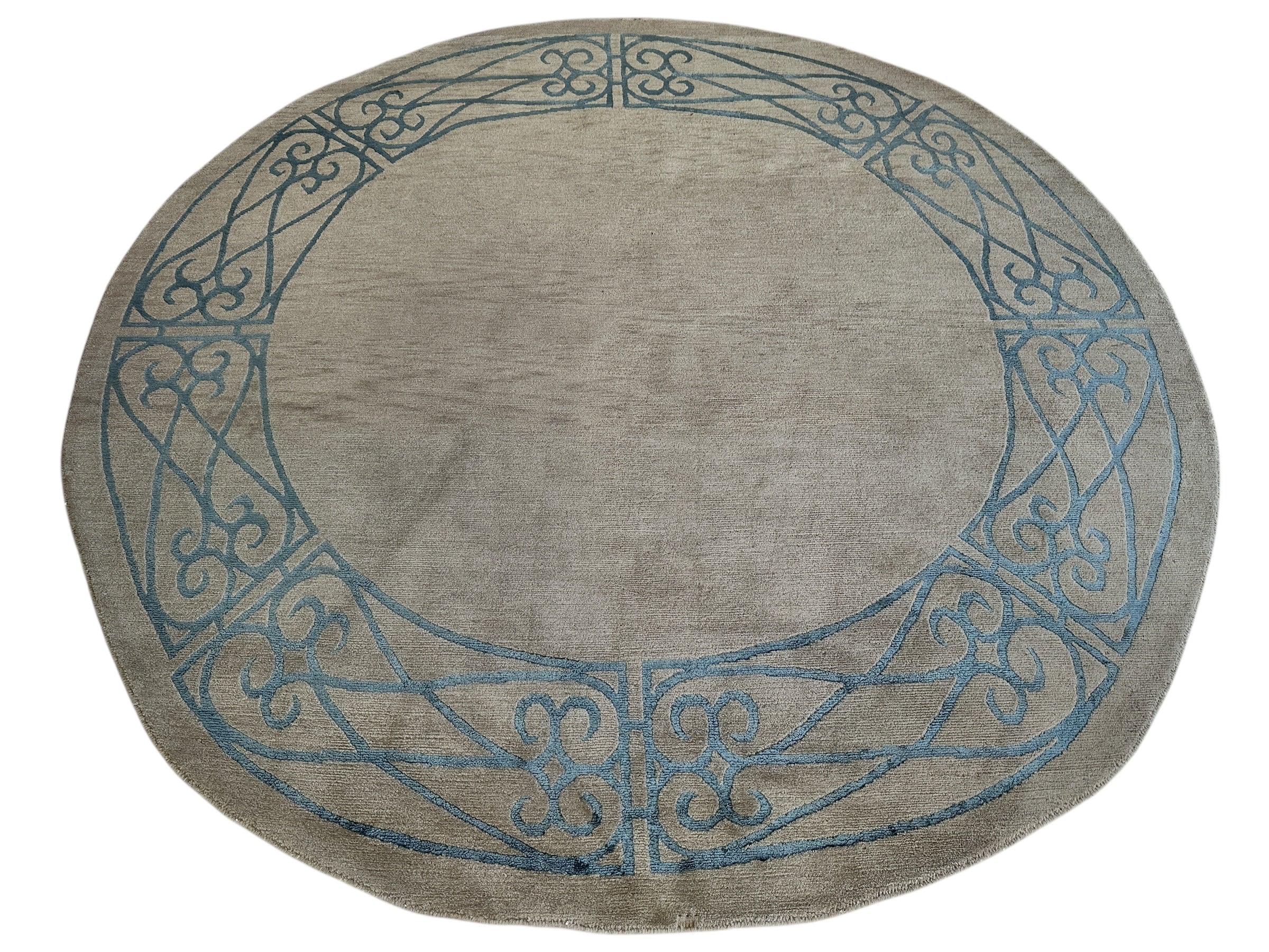Hand-Knotted Tibetan Rug - 6' x 6'1" Round - Wool & Silk - Elegant Blue Border Design Rugistan