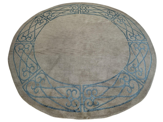Hand-Knotted Tibetan Rug - 6' x 6'1" Round - Wool & Silk - Elegant Blue Border Design Rugistan