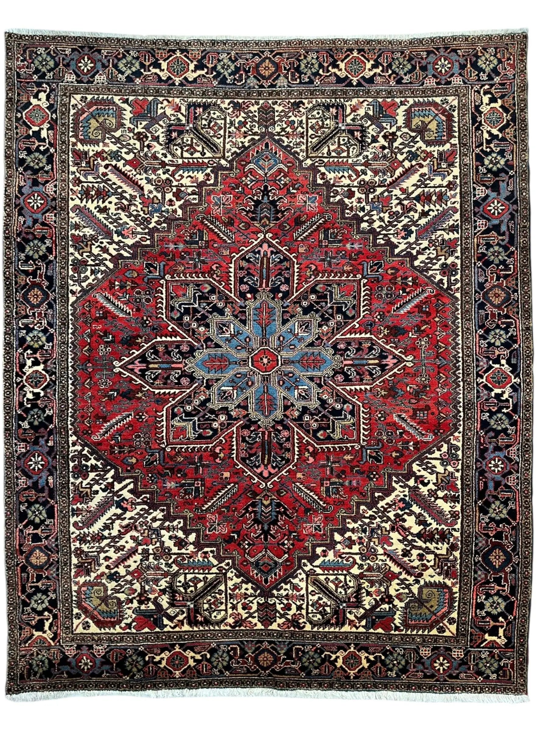 Hand-Knotted Persian Heriz Wool Rug – 9’ x 12’ – Geometric Medallion Design Rugistan
