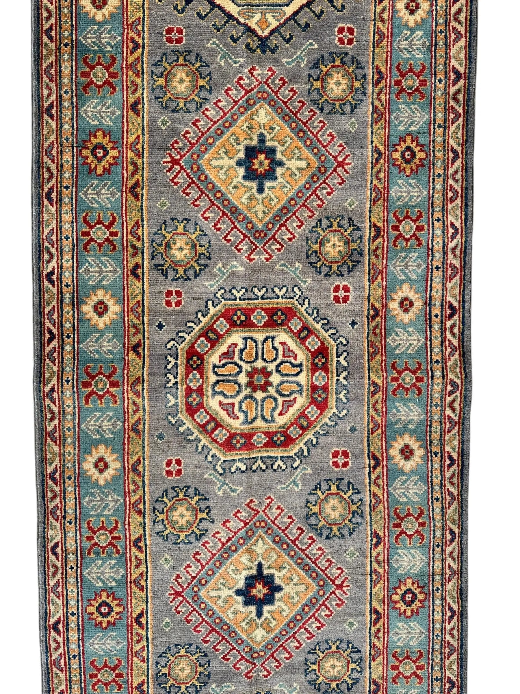 Hand-Knotted Afghan Kazak Wool Runner Rug – 2'7" x 12'3" – Traditional Geometric Design Rugistan