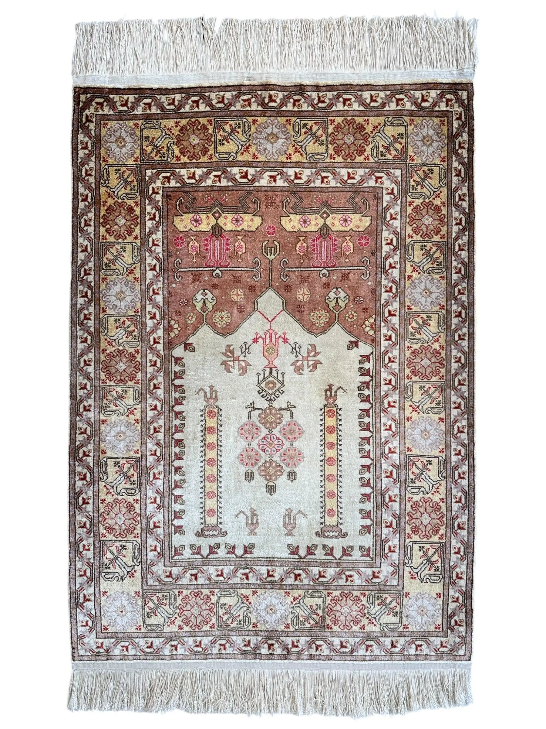 Luxurious Hand-Knotted Pure Silk Turkish Kayseri Rug – Intricate Floral & Geometric Design, 2’2” x 3’ Rugistan
