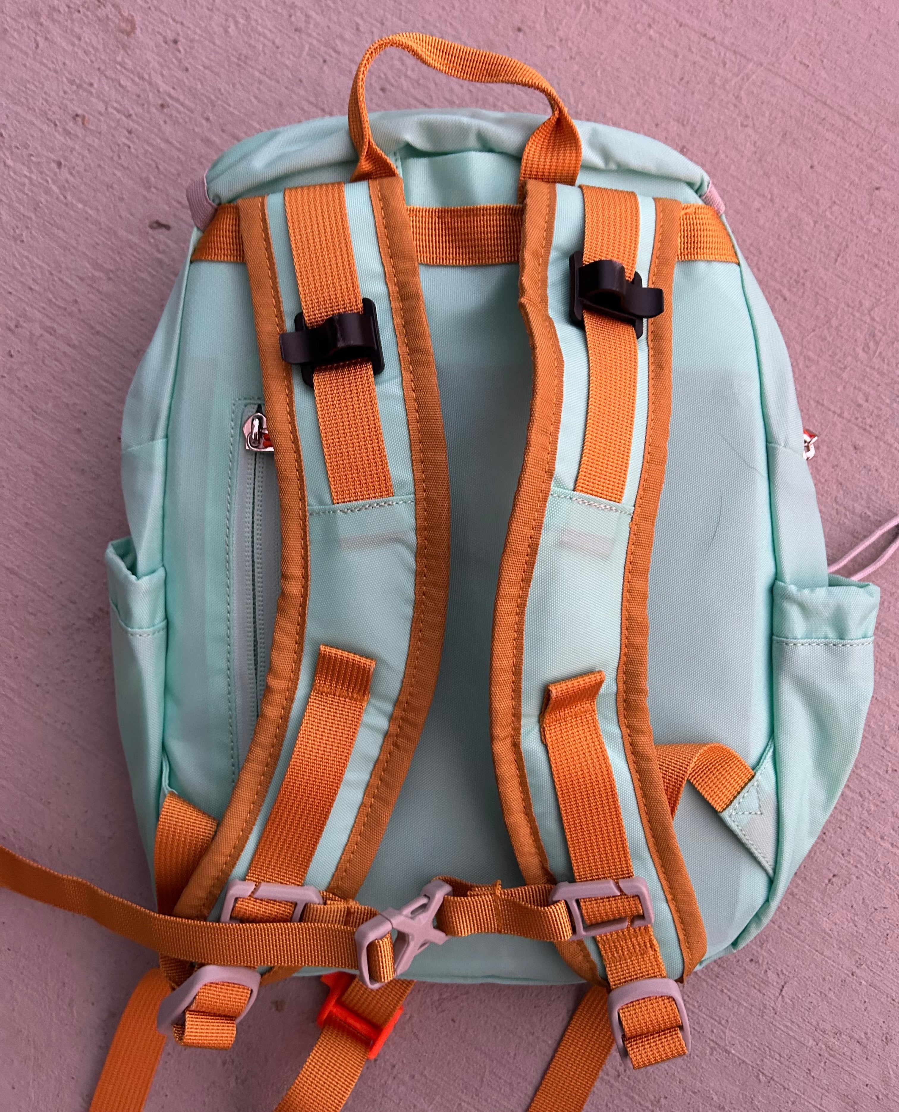 Light blue backpack with orange straps on a pink background