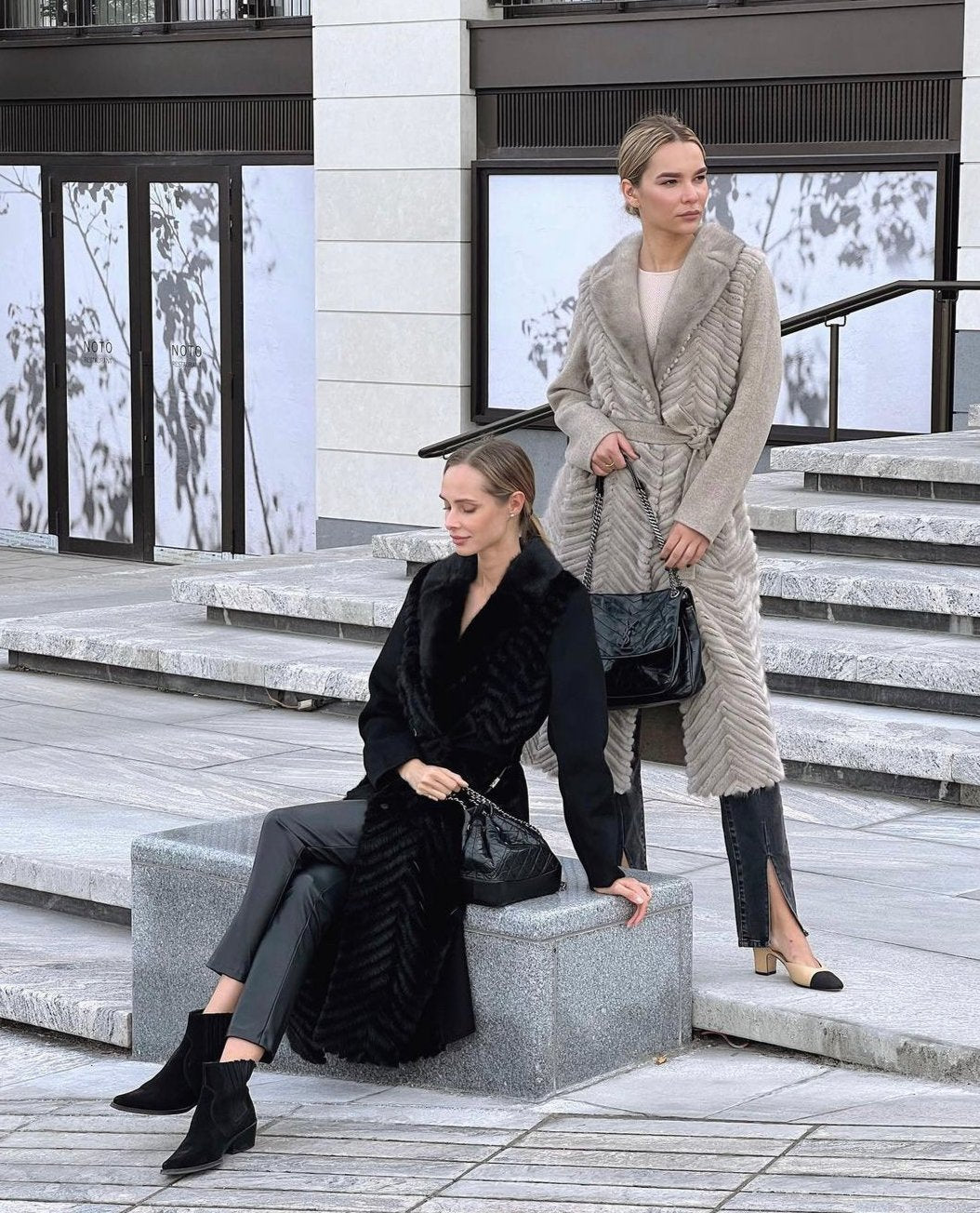 Genuine Mink Fur Rex Fur Trim Virgin Wool Coat in Beige Alaska® Outerwear Company