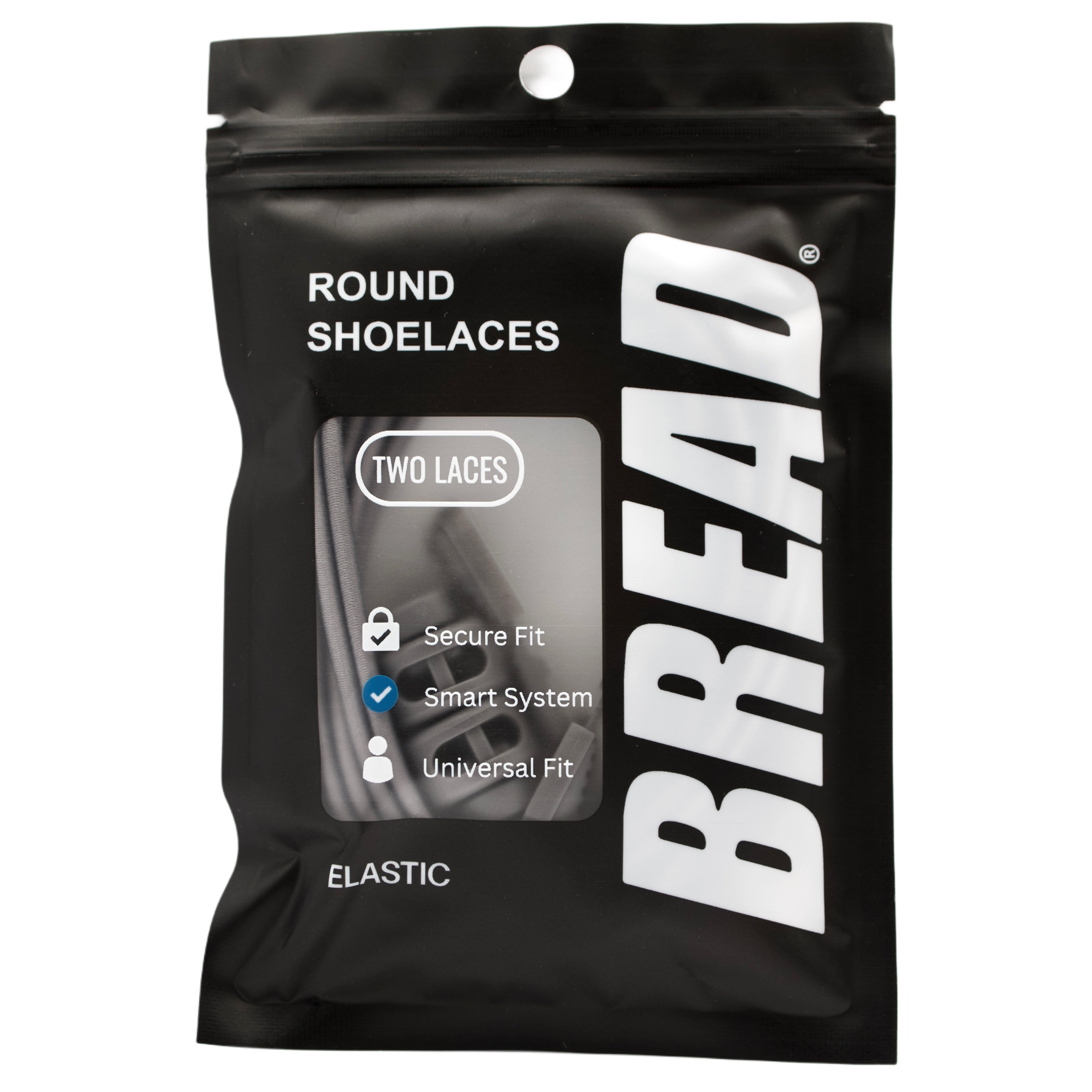 Black package of BREAD round shoelaces with white text on a white background