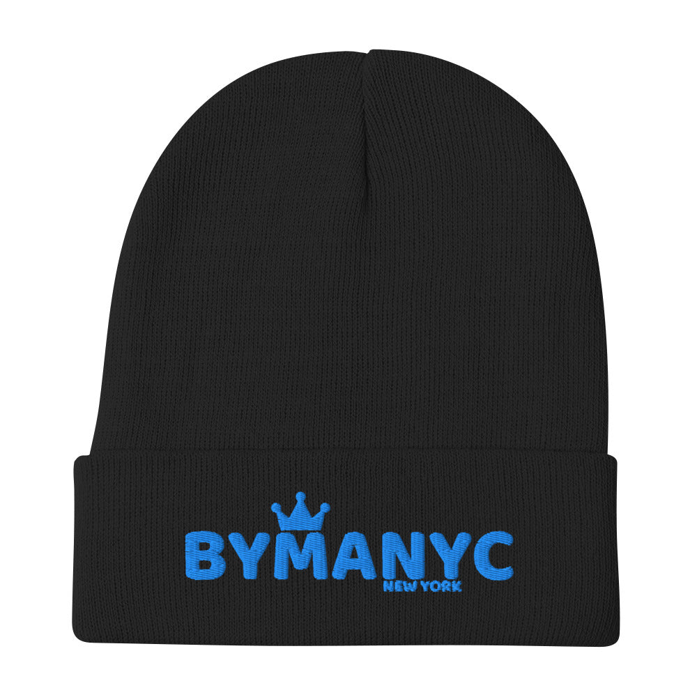 Black beanie with blue 'BYMANYC' logo on a white background