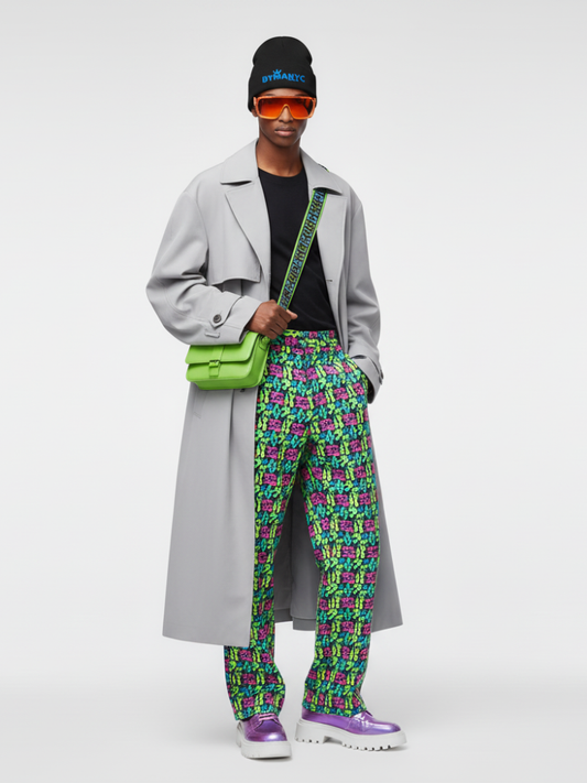 Person wearing a gray coat, colorful pants, and a green bag on a white background