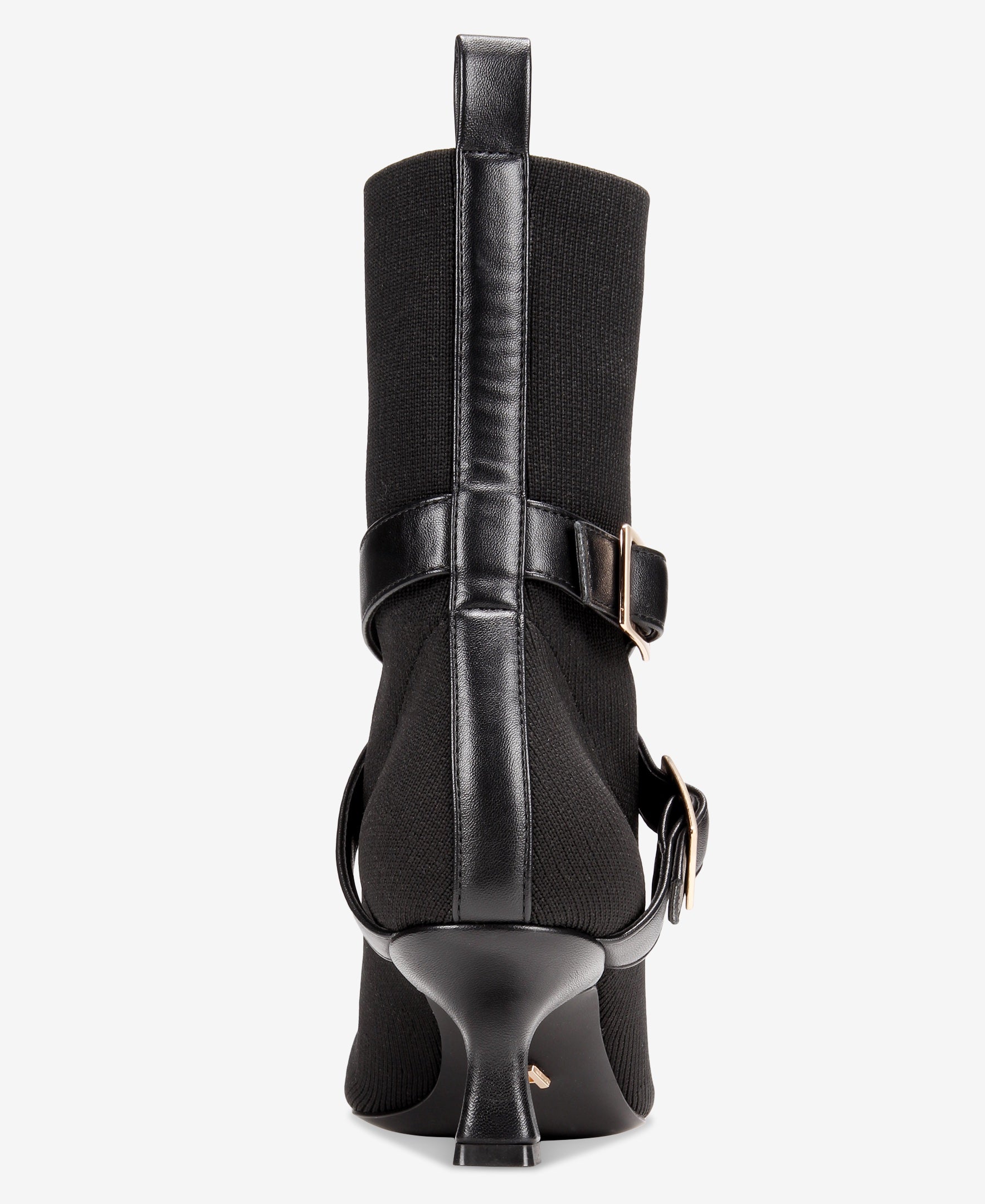 Black high-heeled boot with buckle detail on a white background