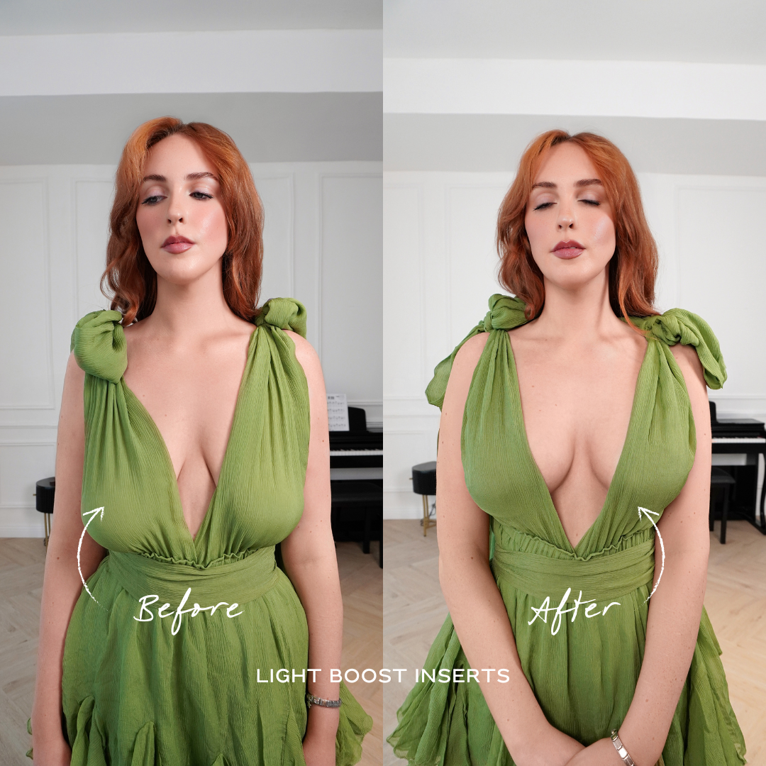 Before and after comparison of a woman wearing a green dress with light boost inserts.