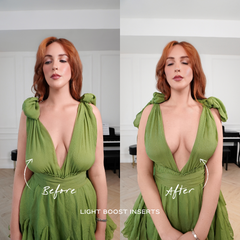 Before and after comparison of a woman wearing a green dress with light boost inserts.
