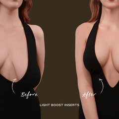 Before and after comparison of a woman wearing a black top with light boost inserts.