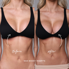 Before and after comparison of a woman wearing a black bra with max boost inserts.