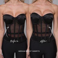 Black corset with medium boost inserts before and after on a plain background