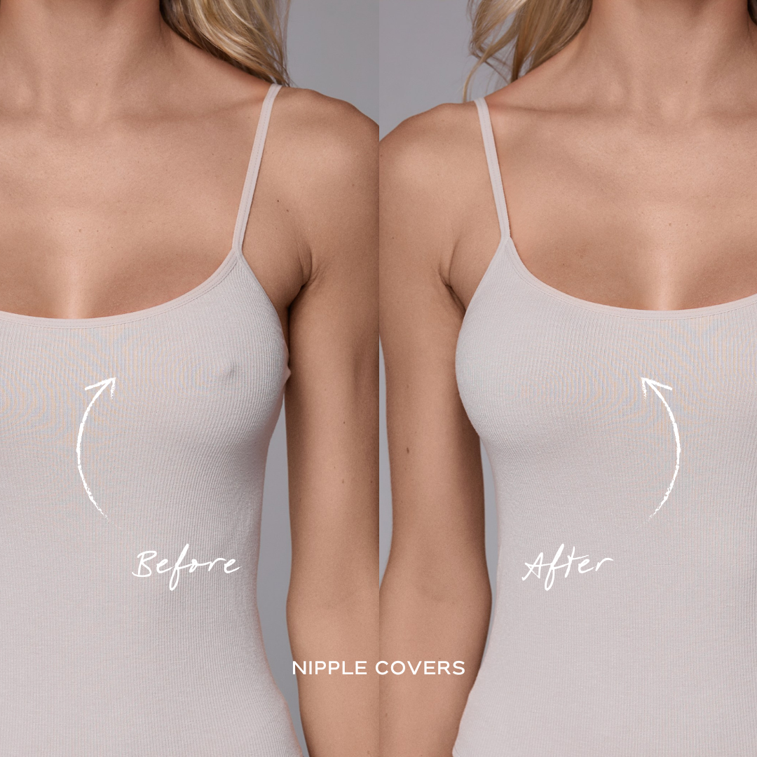 Comparison of a woman wearing a white tank top with and without nipple covers on a gray background.