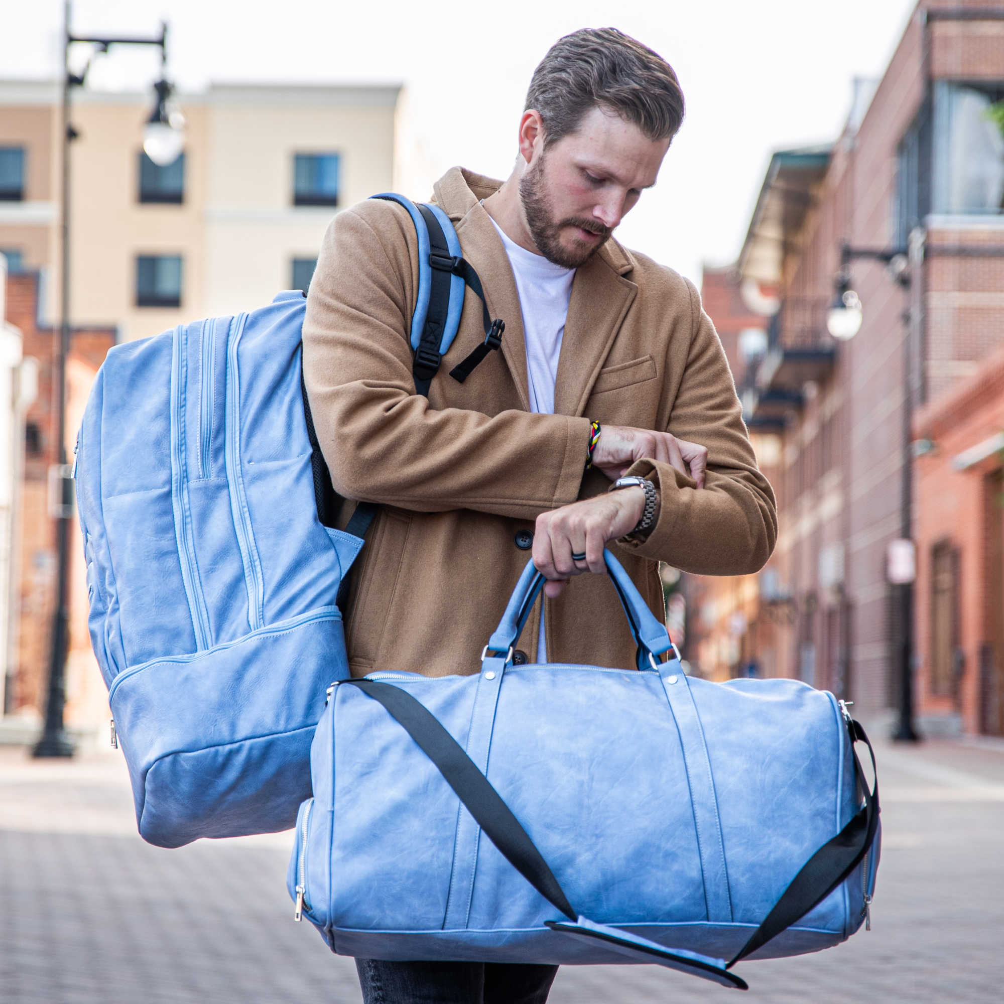 Baby Blue Leather Patented Carry-On Backpack Sole Premise