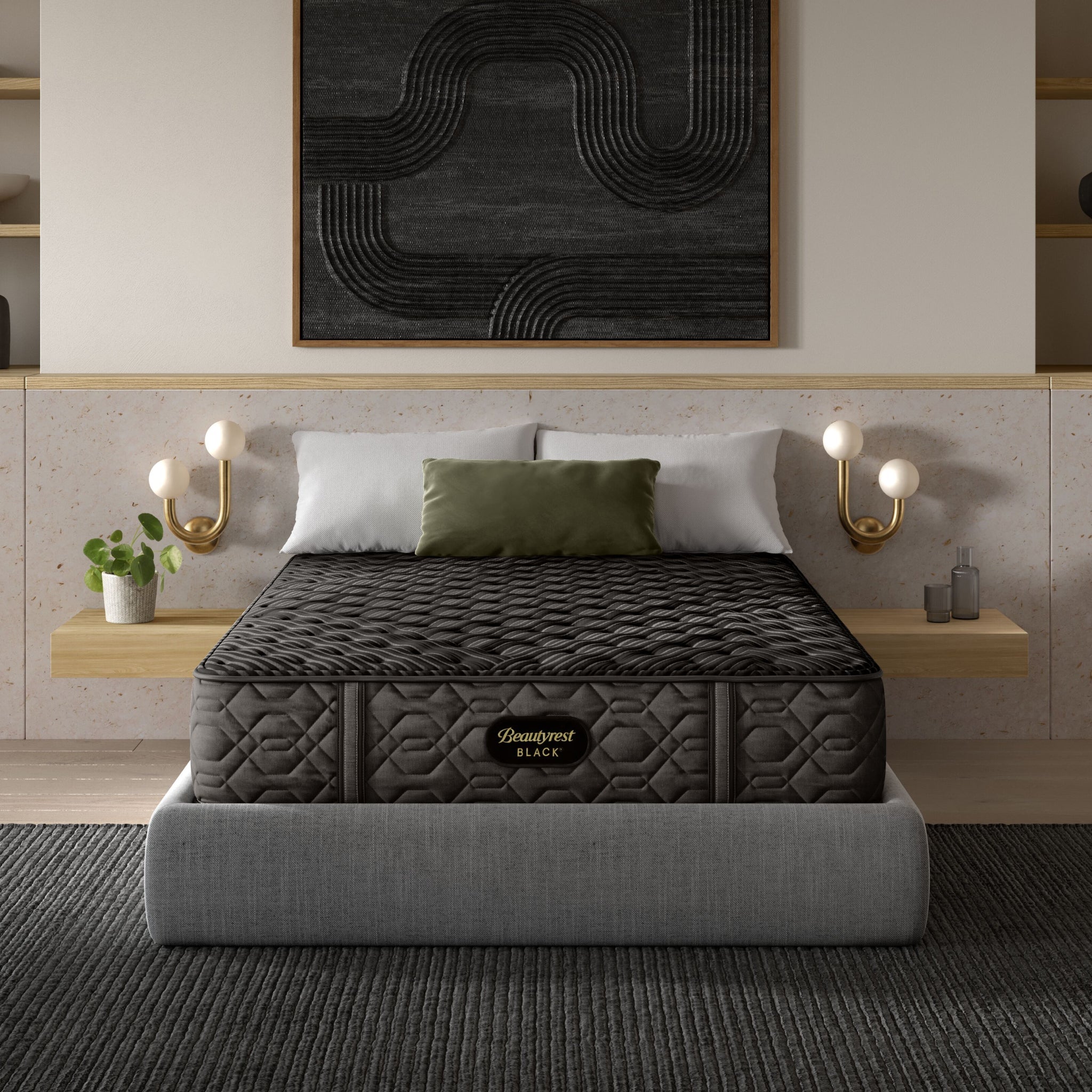 Gray mattress on a bed in a modern bedroom with decorative elements.