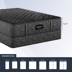 Gray mattress with brand logo on a white background, showing dimensions and size options.