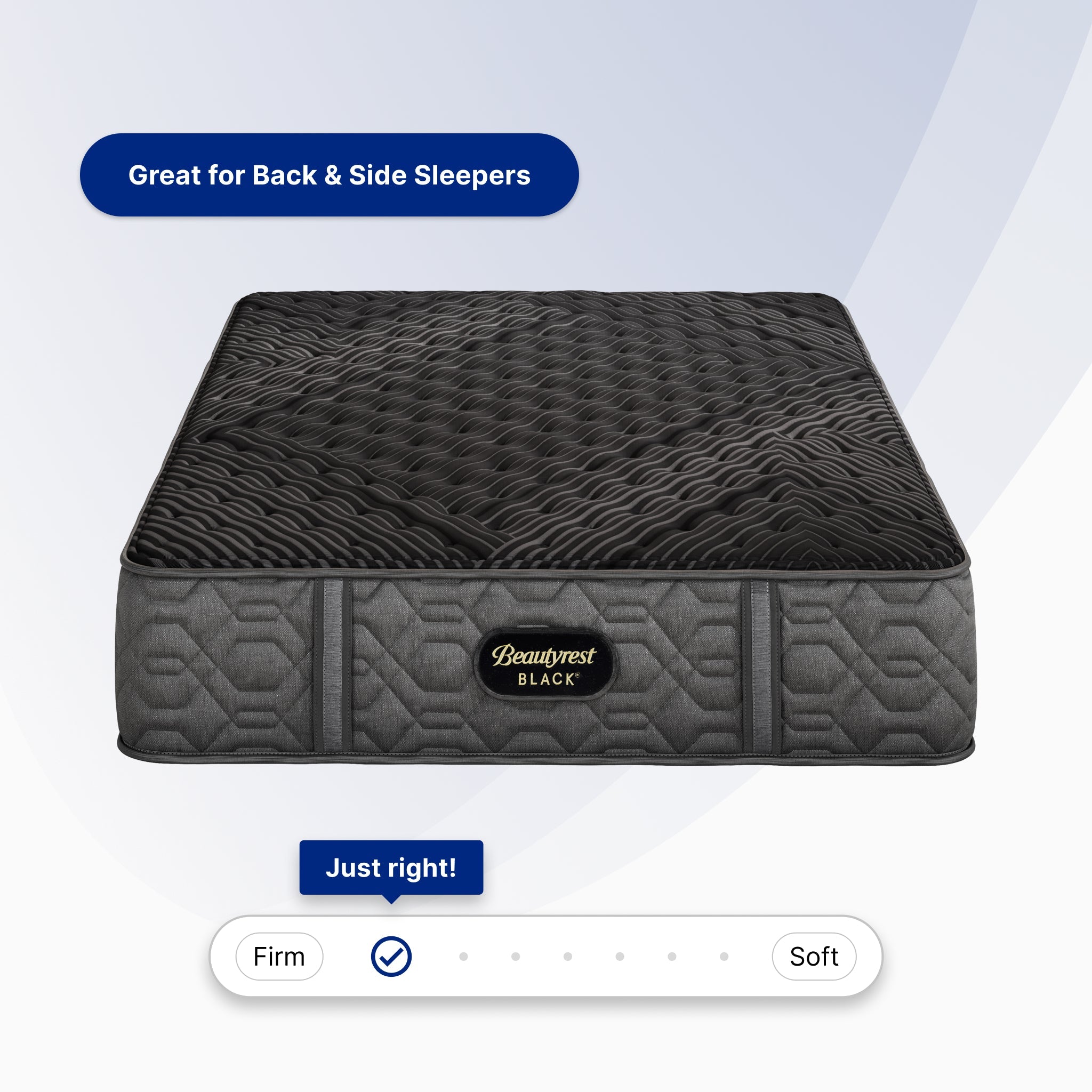 Gray mattress with Beautyrest Black branding on a light blue background