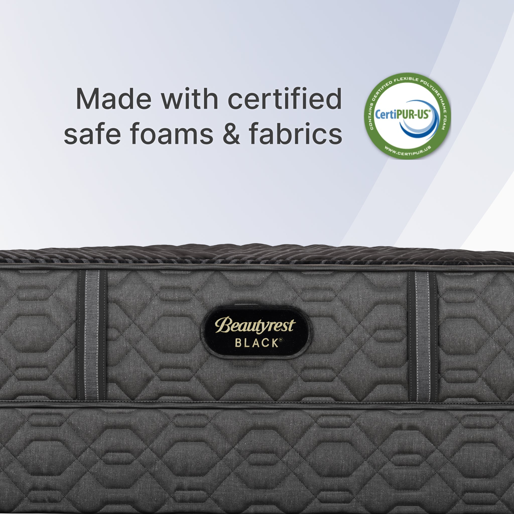 Gray mattress with Beautyrest Black logo and CertiPUR-US certification label on a light gray background