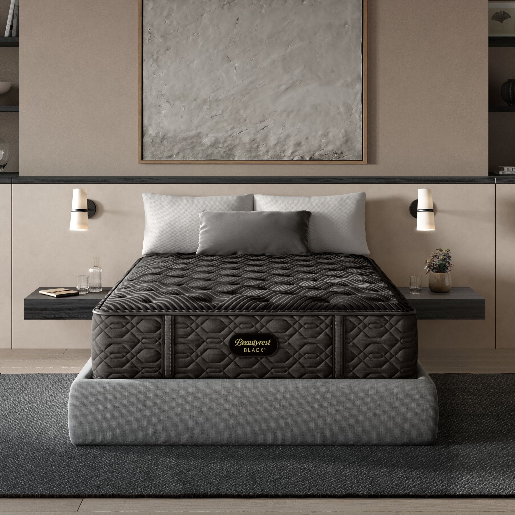 Gray mattress on a bed in a modern bedroom setting