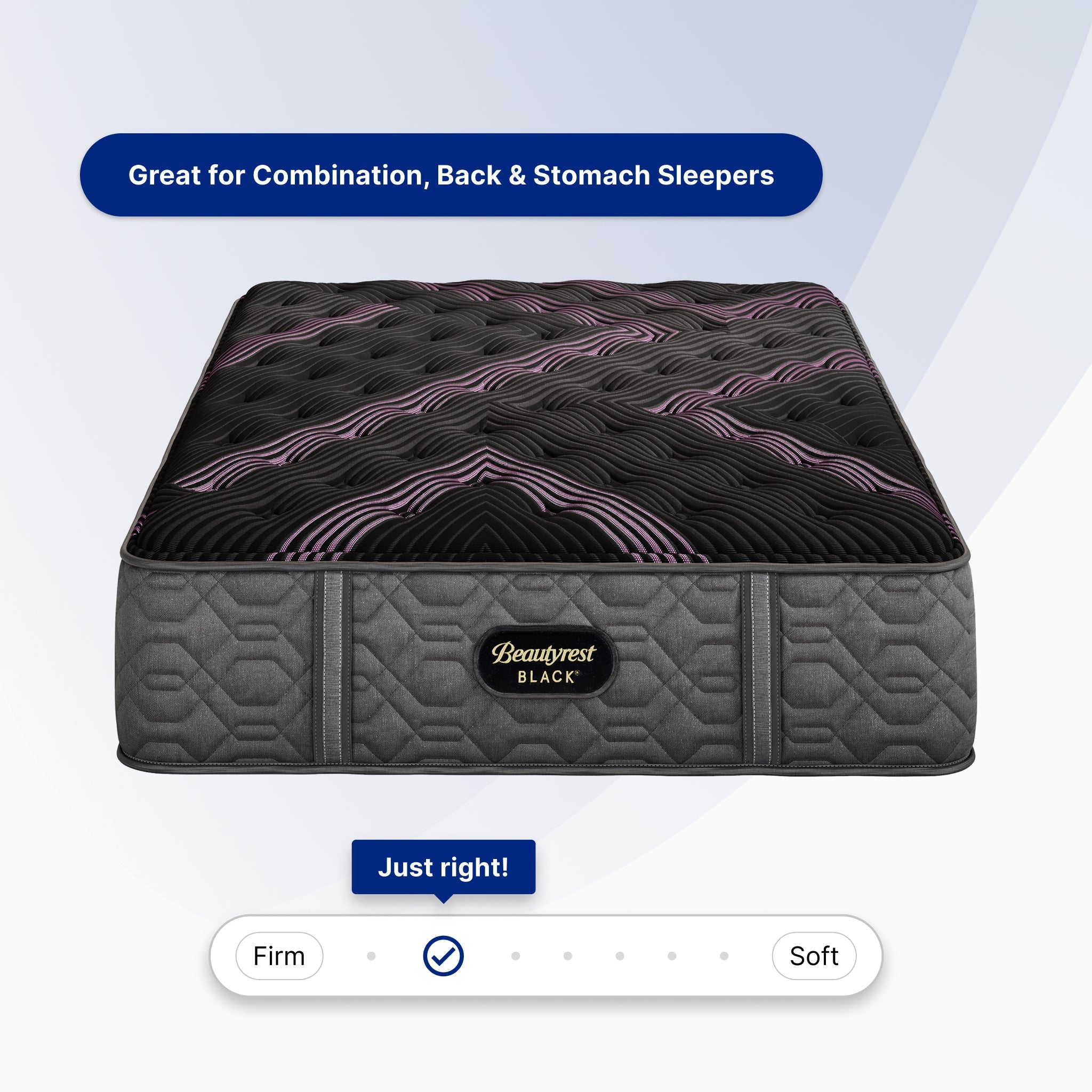 Gray mattress with black quilted top on a light blue background, featuring Beautyrest Black branding.