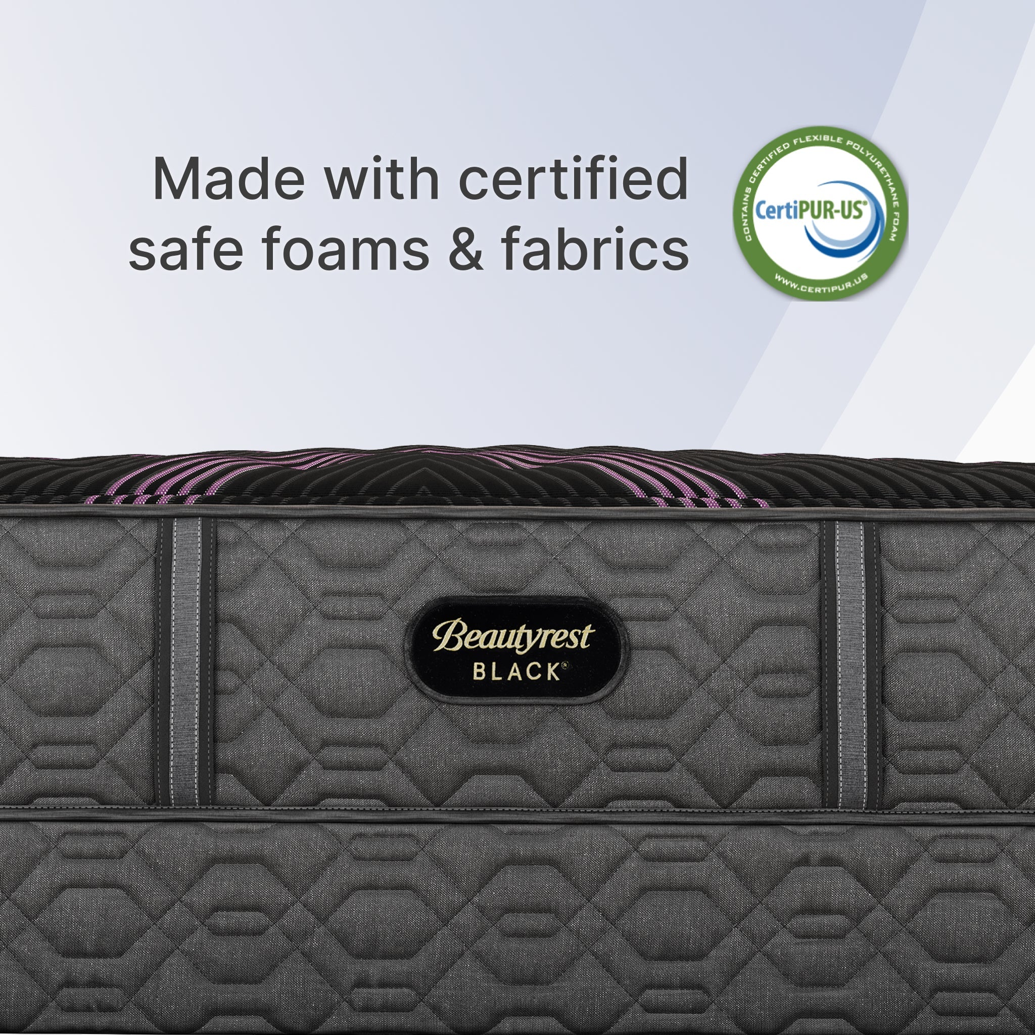 Gray Beautyrest Black mattress with CertiPUR-US logo on a light gray background