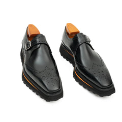 Black Brogue Monk Shoes With Chunky Sole