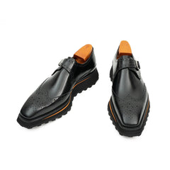 Black Brogue Monk Shoes With Chunky Sole