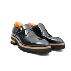 Blue Leather Monk Strap Shoes with Chunky Soles