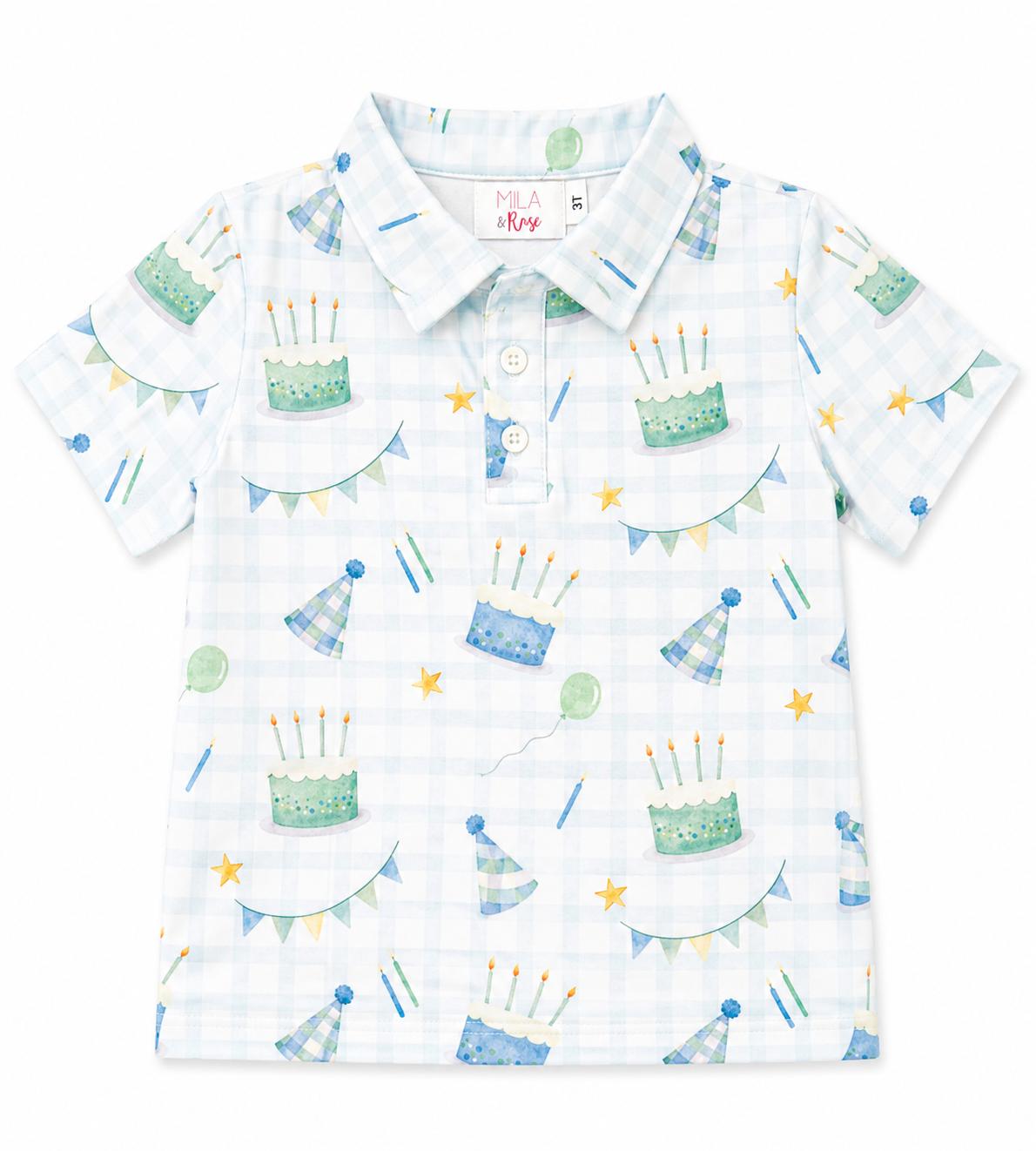 Children's short-sleeve shirt with birthday-themed pattern on a white background