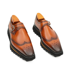 Brown Brogue Monk Shoes With Chunky Sole