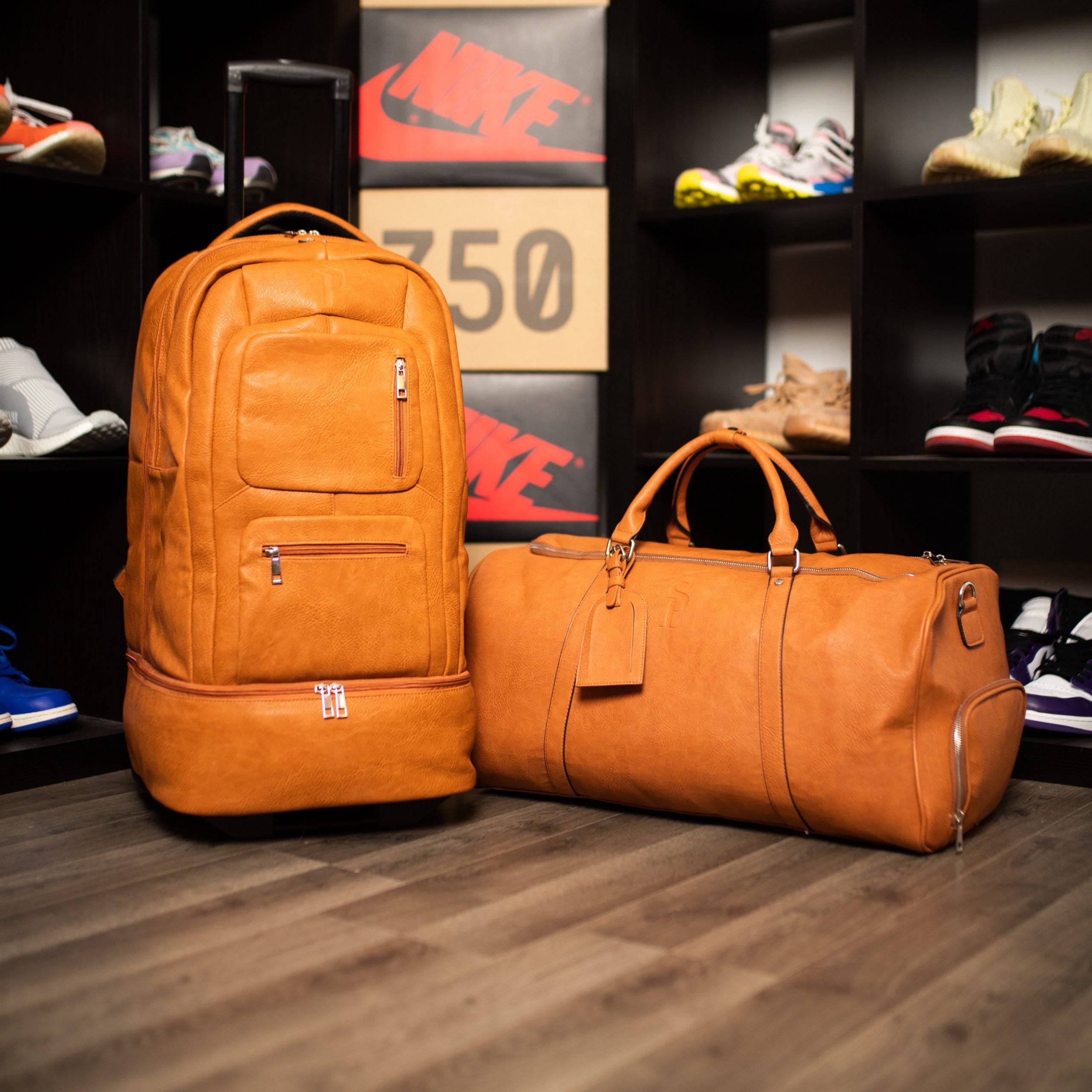 Brown Leather Roller Bag Set Sole Premise