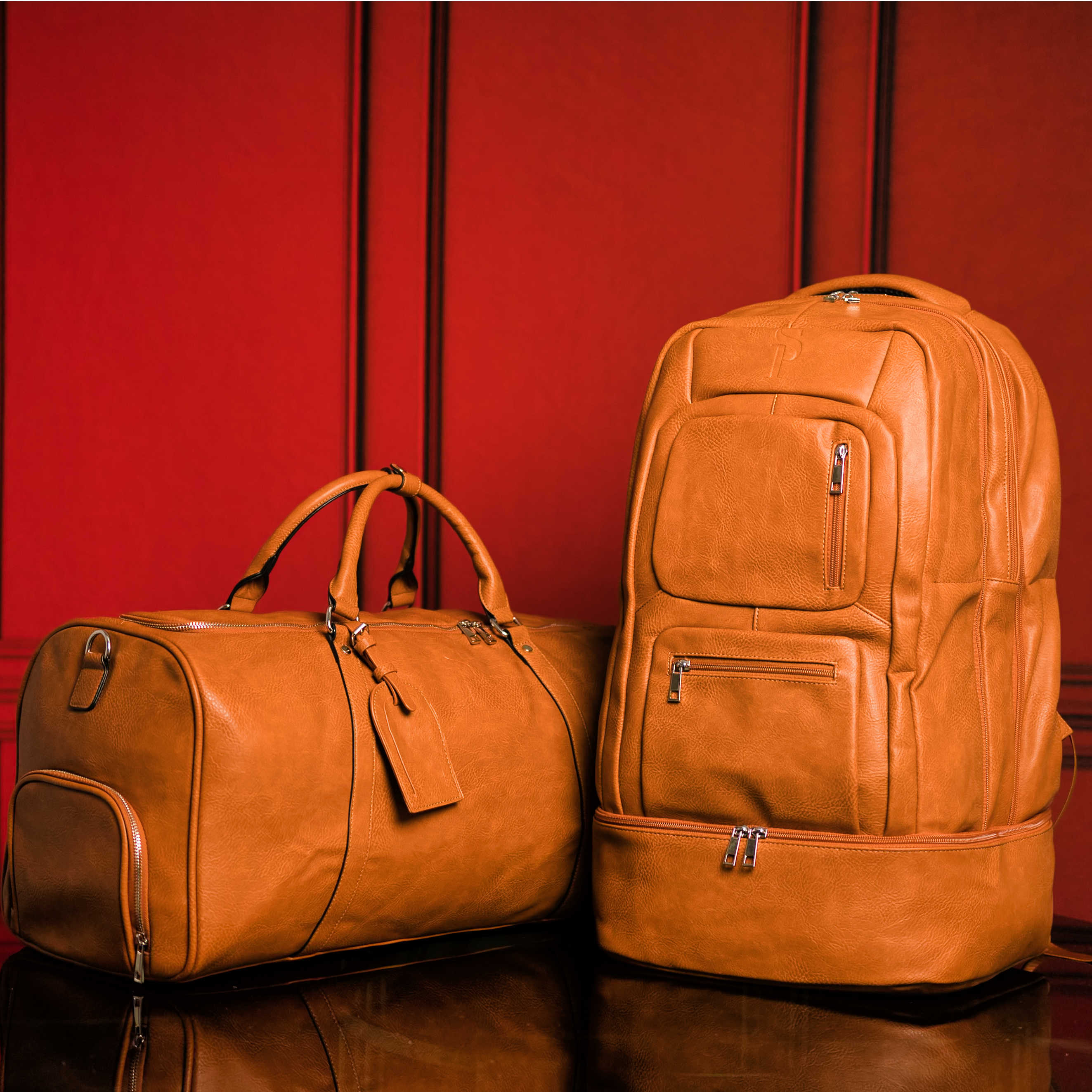 Brown Tumbled Leather Signature Bag Set (Signature Backpack and Duffle Bag) Sole Premise