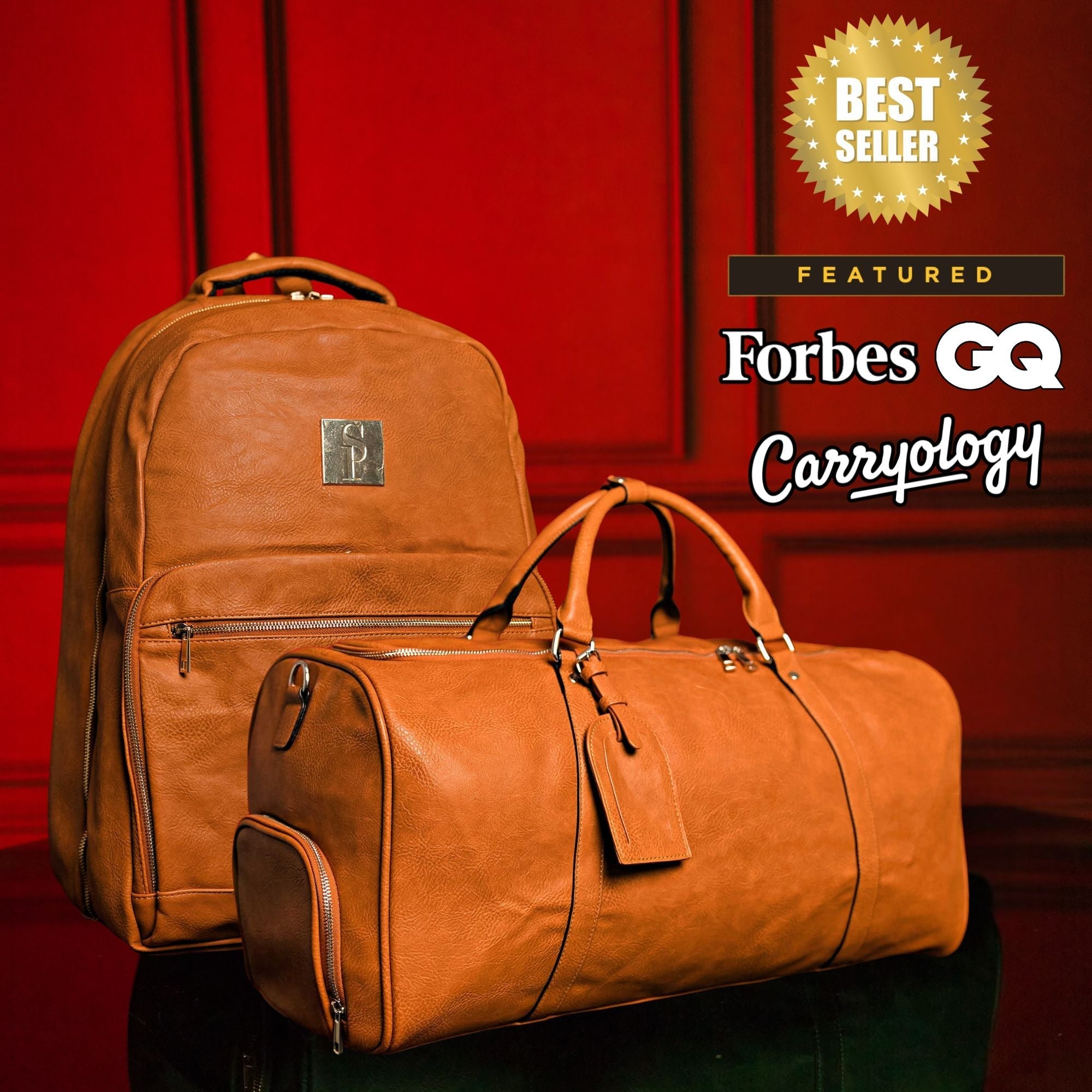 Brown Tumbled Leather 2 Bag Set (Commuter Backpack and Duffle Bag) Sole Premise