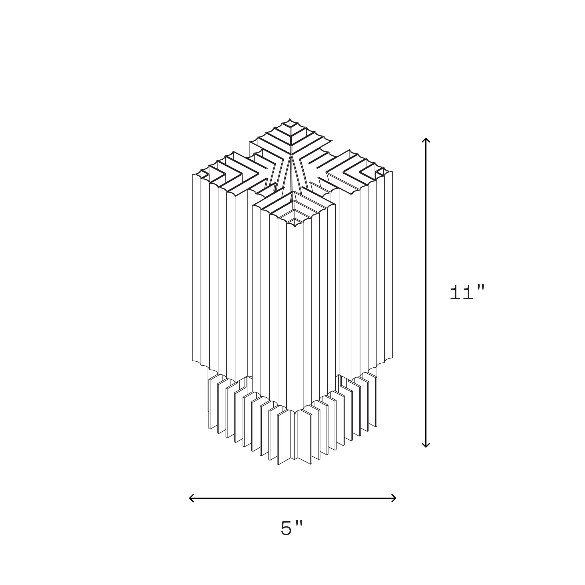 3D wireframe model of a decorative object with dimensions labeled on a white background
