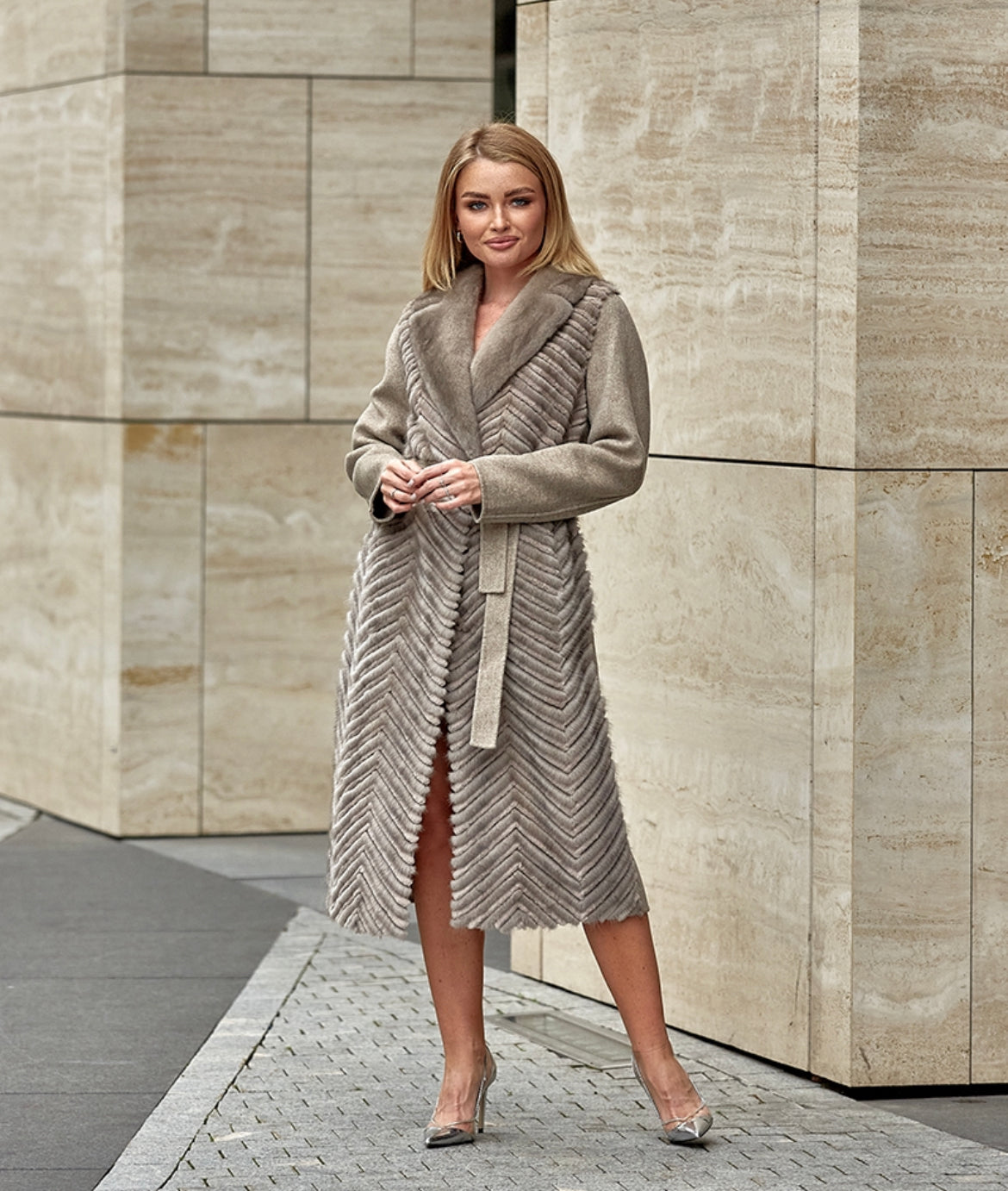 Genuine Mink Fur Rex Fur Trim Virgin Wool Coat in Beige Alaska® Outerwear Company