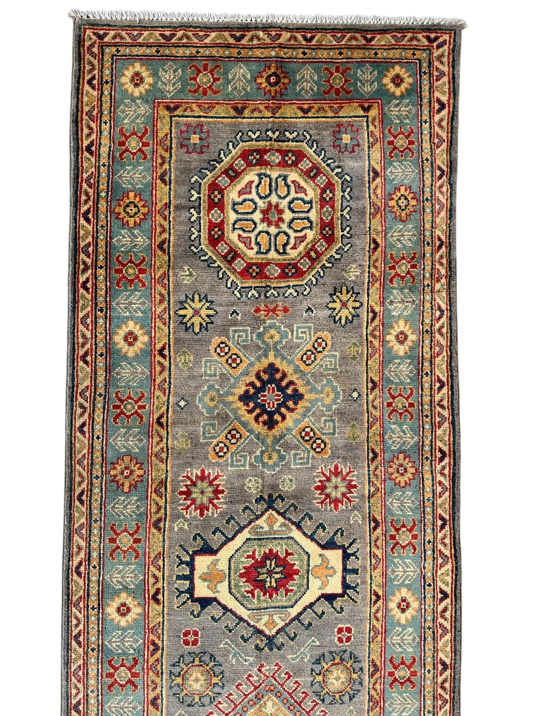 Hand-Knotted Afghan Kazak Wool Runner Rug – 2'7" x 12'3" – Traditional Geometric Design Rugistan