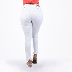 White jeans worn by a person on a white background