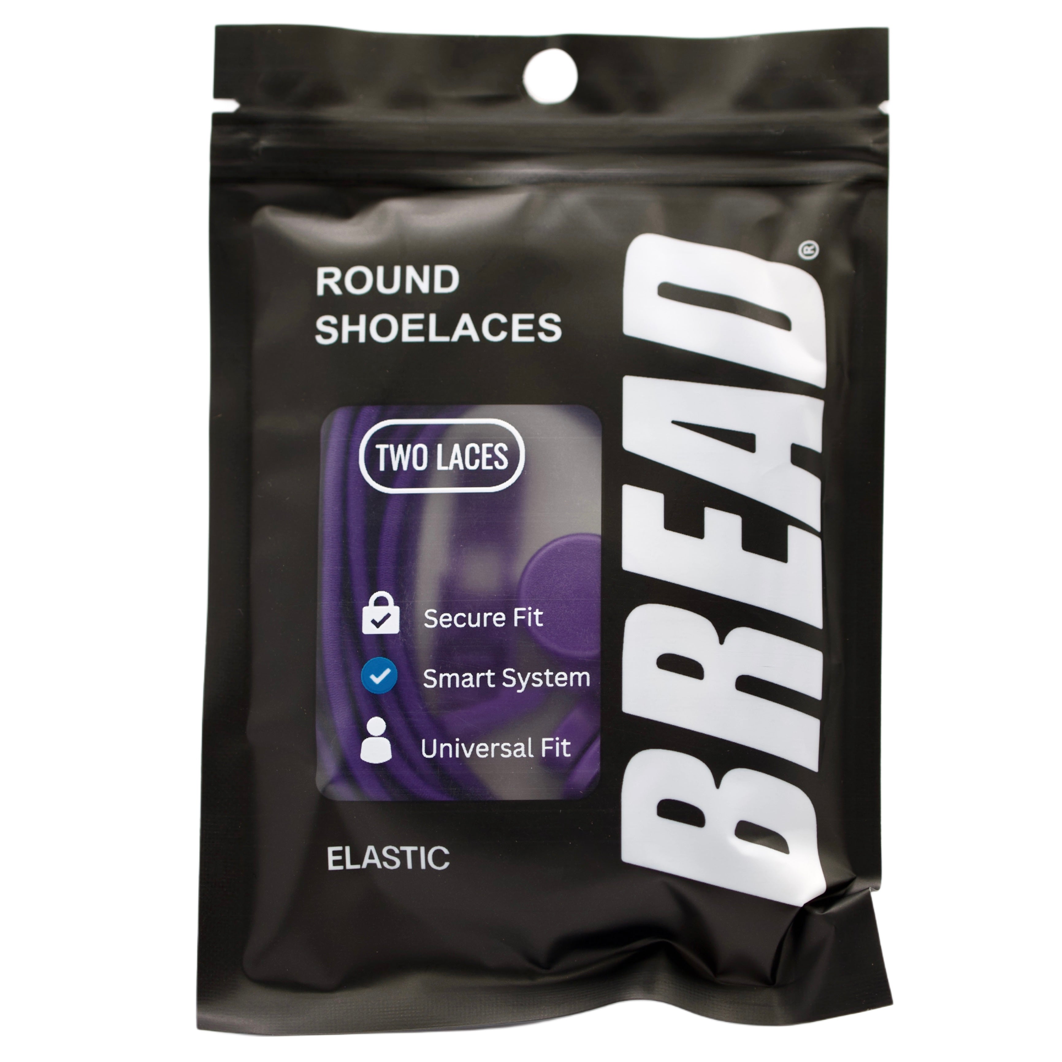 Packaged round shoelaces with BREAD branding on a white background